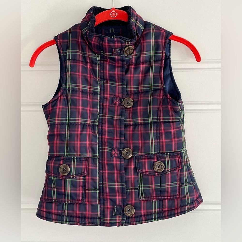 Gap Kids Puffer Vest Tartan Plaid Quilted Zipper and Button Front Size S (6-7)